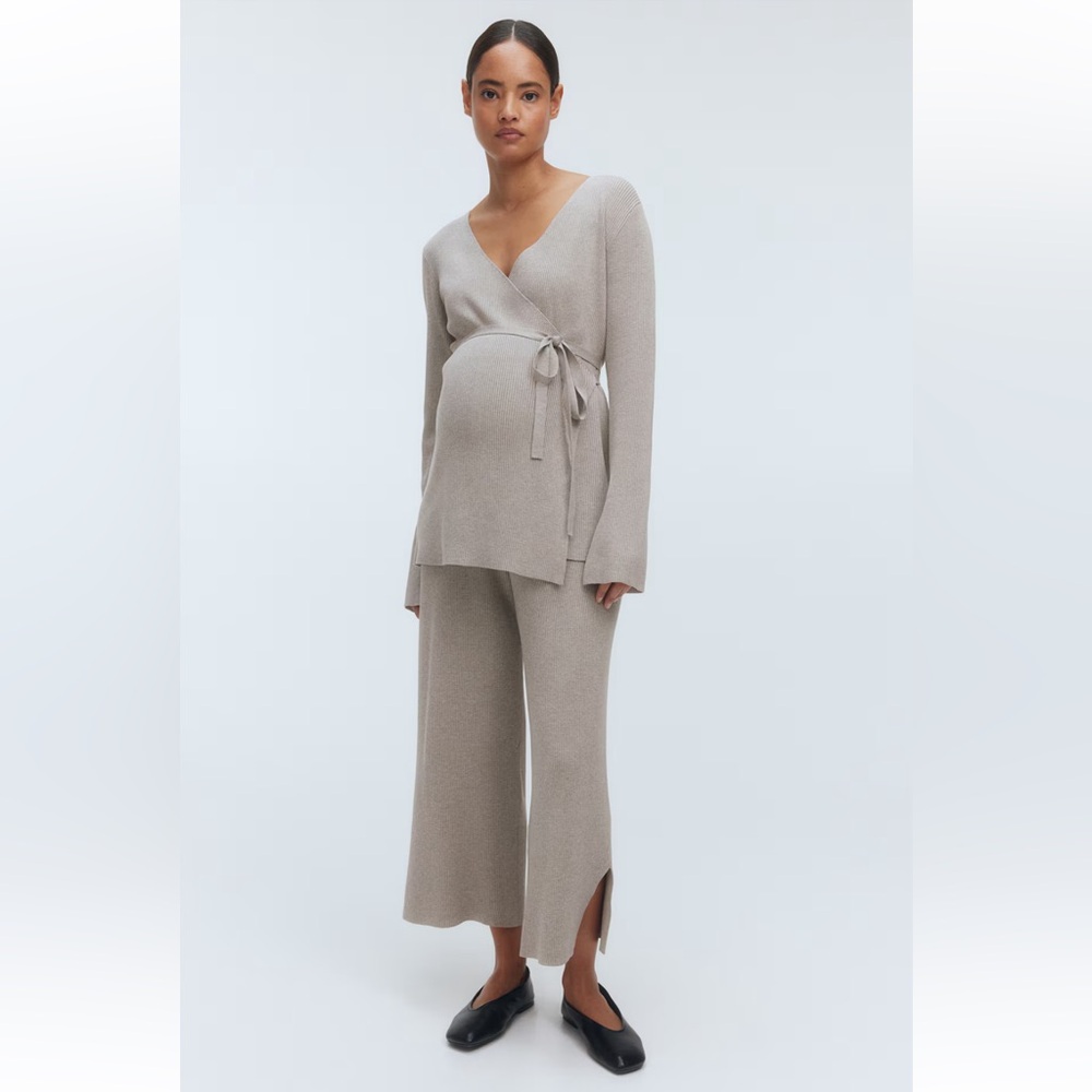 H&M Mama Maternity rib knit taupe melange trousers pants wide leg flowy S